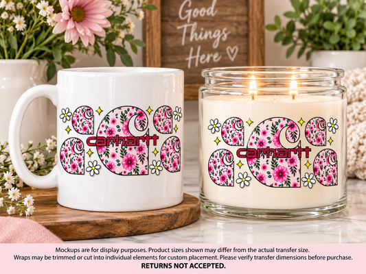 Pink Floral Carhartt Logo UV DTF Cup Wrap Transfer — Optional Cut-Apart Sheet; drinkware display mockup; transfer only