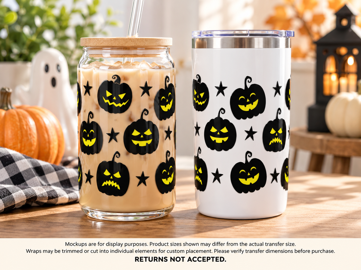 Black Jack-O'-Lantern Faces and Stars UV DTF Cup Wrap Transfer — Optional Cut-Apart Sheet; transfer only, display products not included
