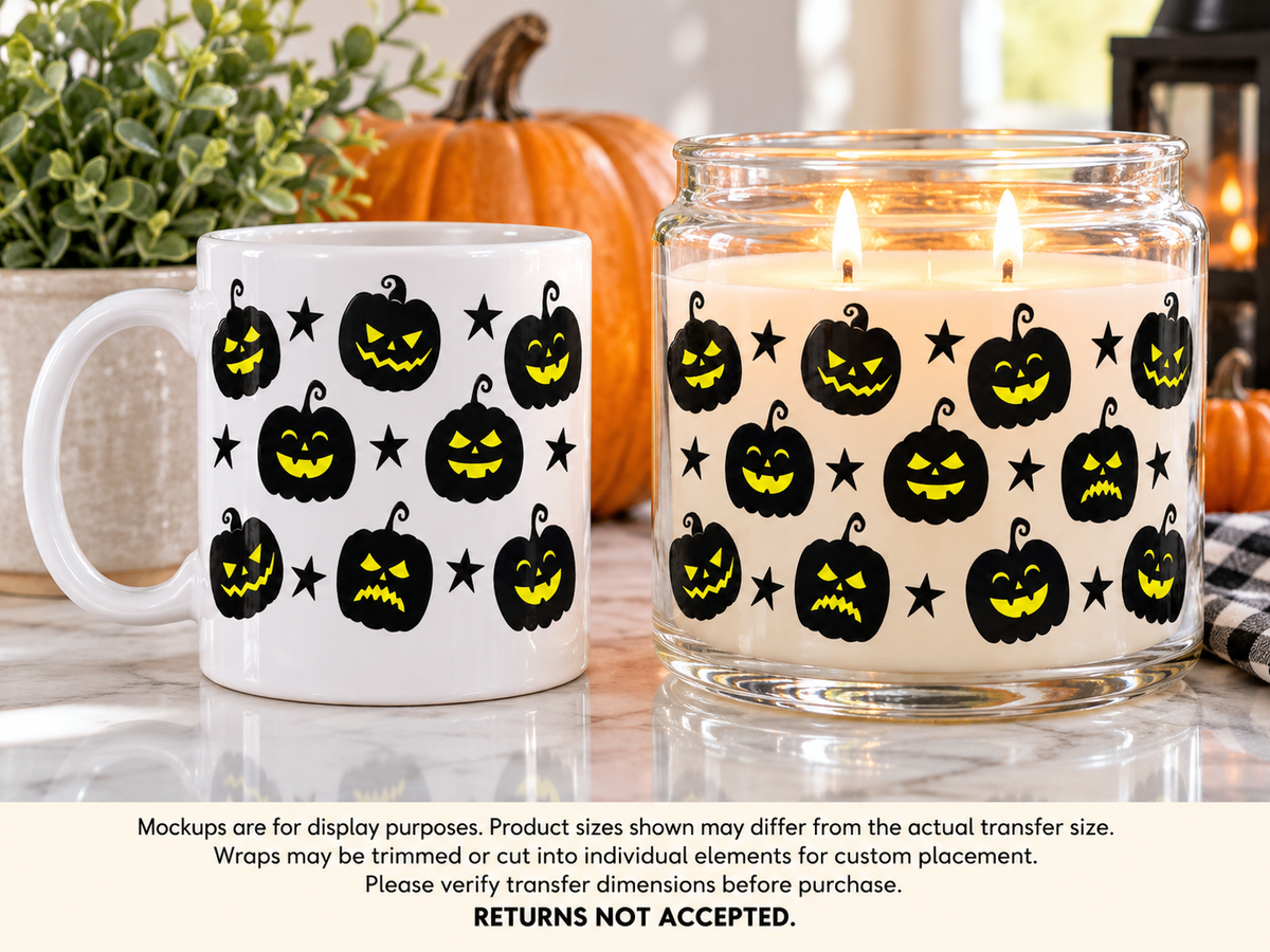 Black Jack-O'-Lantern Faces and Stars UV DTF transfer display mockup; transfer only, display items not included