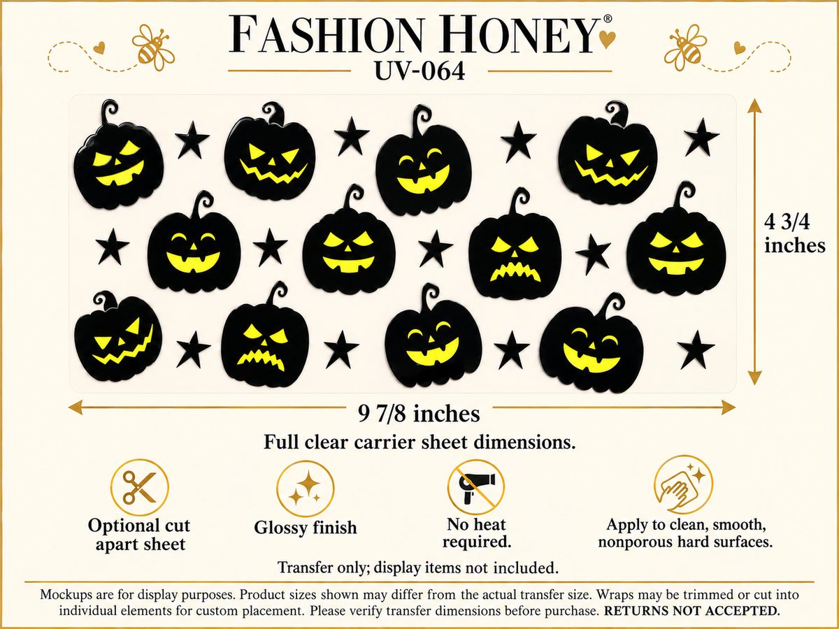 Black Jack-O'-Lantern Faces and Stars UV DTF transfer size and application information; transfer only, display items not included