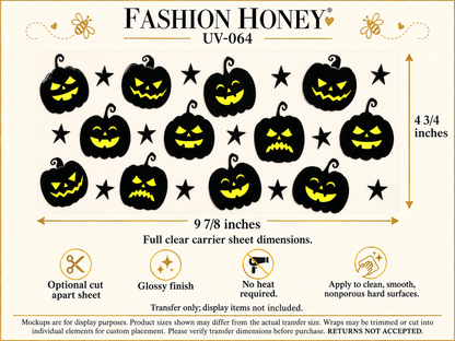 Black Jack-O'-Lantern Faces and Stars UV DTF transfer size and application information; transfer only, display items not included