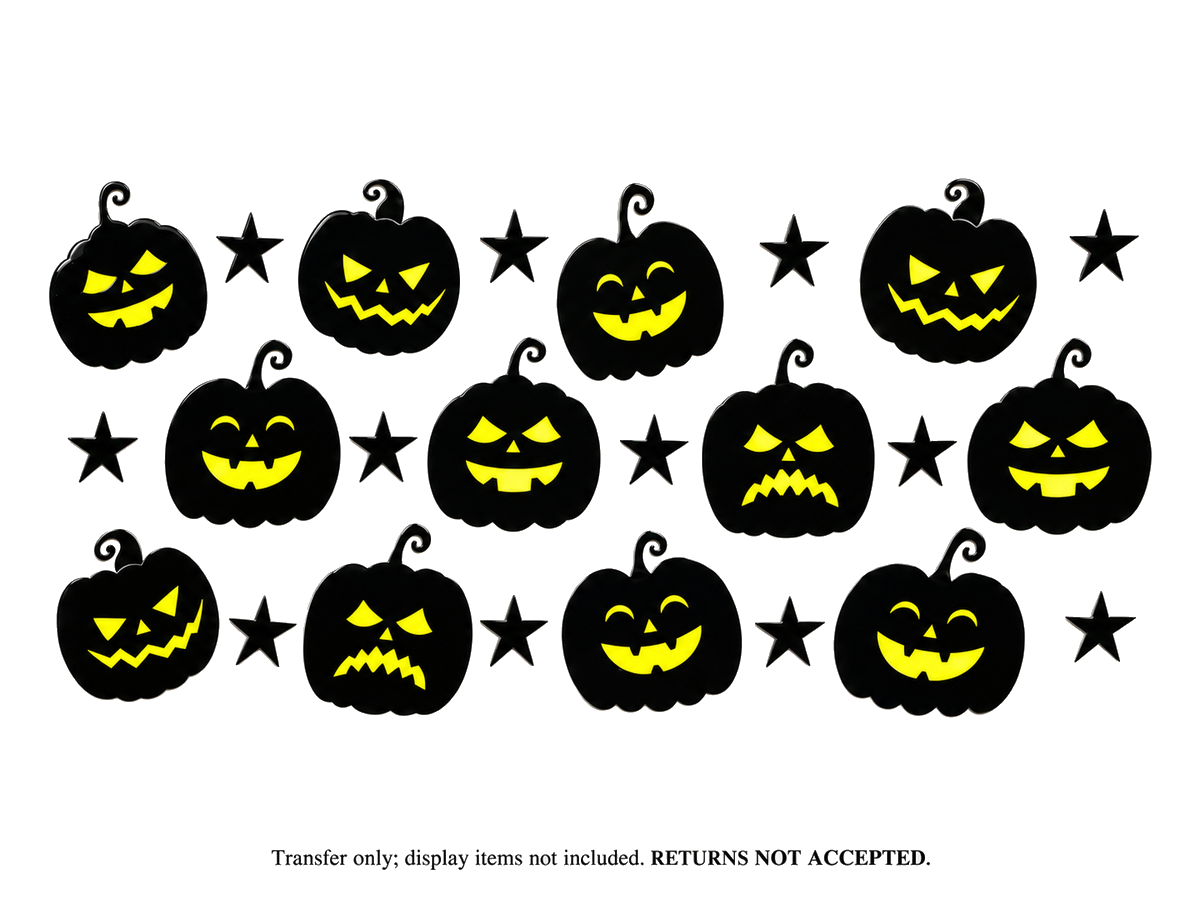 Black Jack-O'-Lantern Faces and Stars UV DTF Cup Wrap Transfer — Optional Cut-Apart Sheet; flat transfer design on a clean background; transfer only