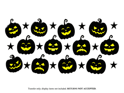 Black Jack-O'-Lantern Faces and Stars UV DTF Cup Wrap Transfer — Optional Cut-Apart Sheet; flat transfer design on a clean background; transfer only