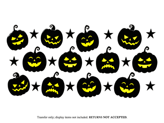 Black Jack-O'-Lantern Faces and Stars UV DTF Cup Wrap Transfer — Optional Cut-Apart Sheet; flat transfer design on a clean background; transfer only