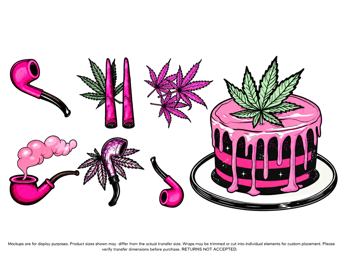 Pink Cannabis Cake and Pipes UV DTF Cup Wrap Transfer — Optional Cut-Apart Sheet; transfer only, display products not included