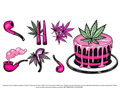 Pink Cannabis Cake and Pipes UV DTF Cup Wrap Transfer — Optional Cut-Apart Sheet; transfer only, display products not included
