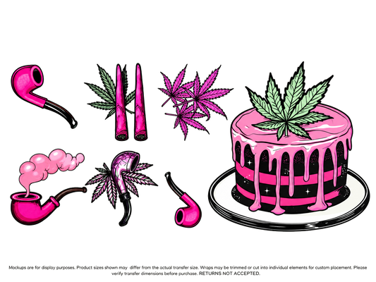 Pink Cannabis Cake and Pipes UV DTF Cup Wrap Transfer — Optional Cut-Apart Sheet; transfer only, display products not included