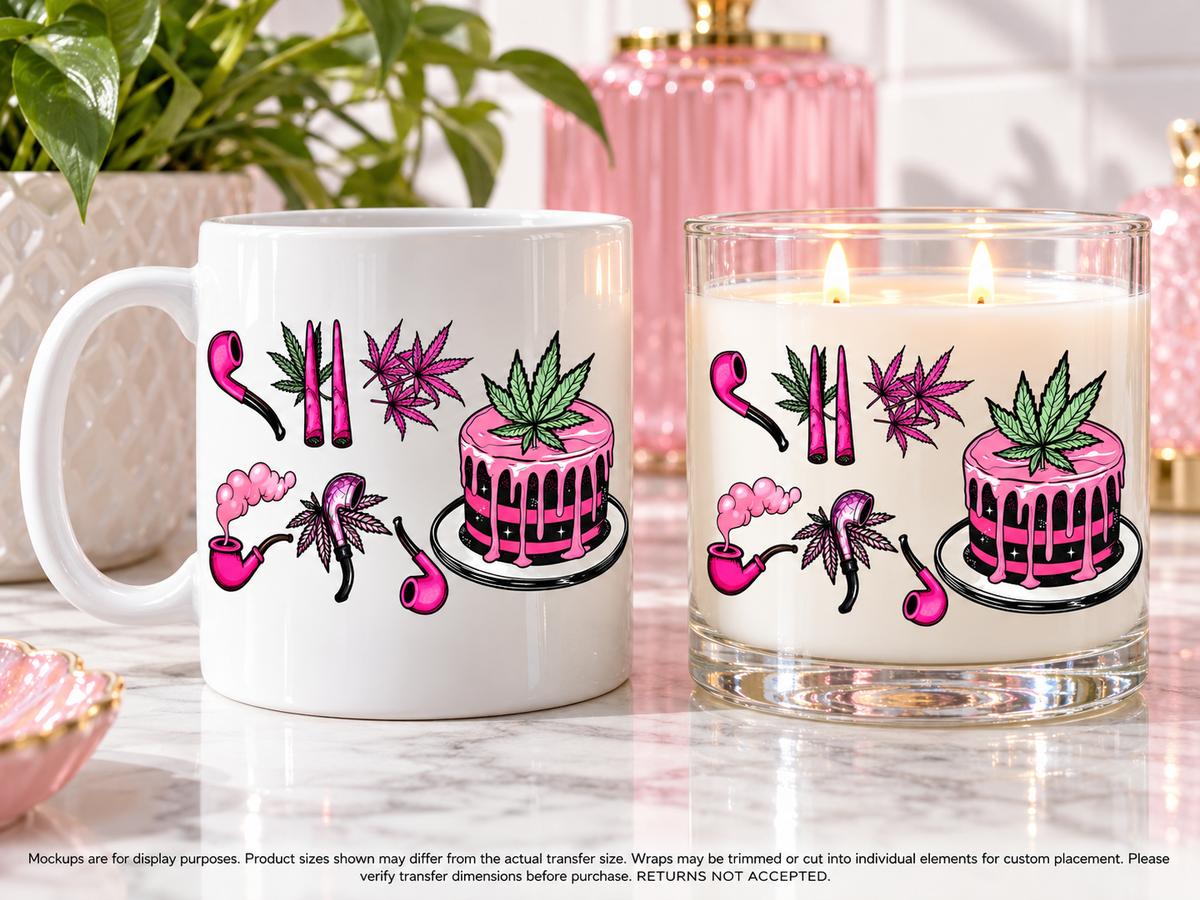 Pink Cannabis Cake and Pipes UV DTF transfer display mockup; transfer only, display items not included
