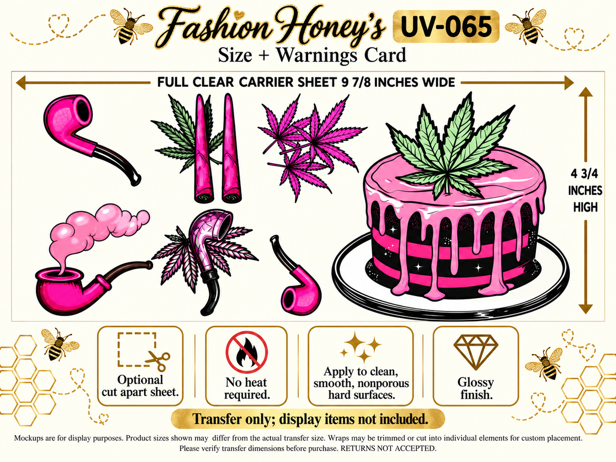 Pink Cannabis Cake and Pipes UV DTF transfer size and application information; transfer only, display items not included