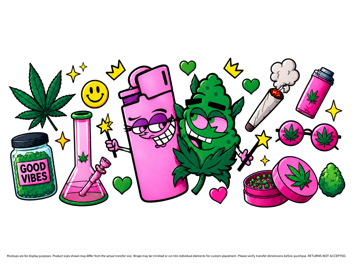 Good Vibes Pink and Green Cannabis UV DTF Cup Wrap Transfer — Optional Cut-Apart Sheet; transfer only, display products not included