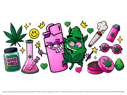 Good Vibes Pink and Green Cannabis UV DTF Cup Wrap Transfer — Optional Cut-Apart Sheet; transfer only, display products not included