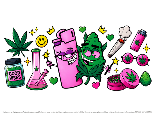 Good Vibes Pink and Green Cannabis UV DTF Cup Wrap Transfer — Optional Cut-Apart Sheet; transfer only, display products not included