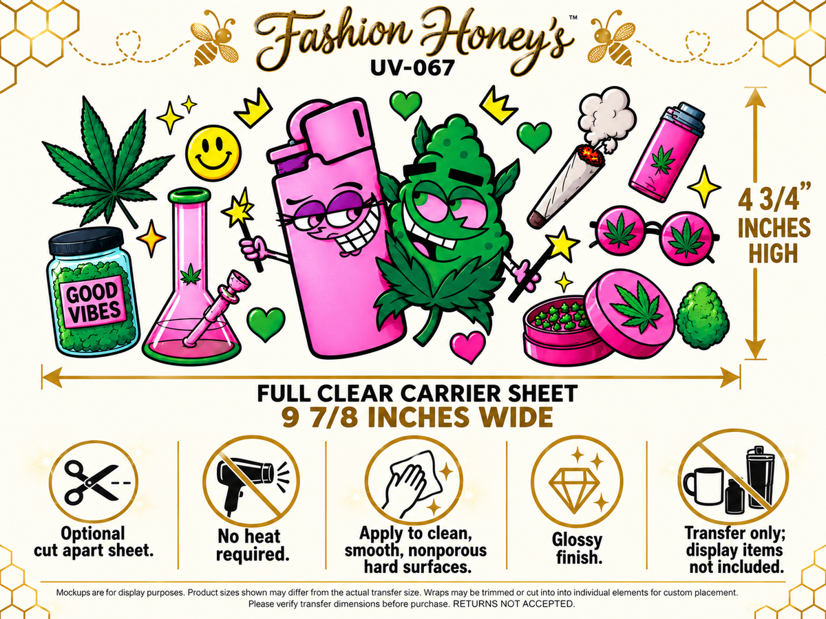 Good Vibes Pink and Green Cannabis UV DTF transfer size and application information; transfer only, display items not included