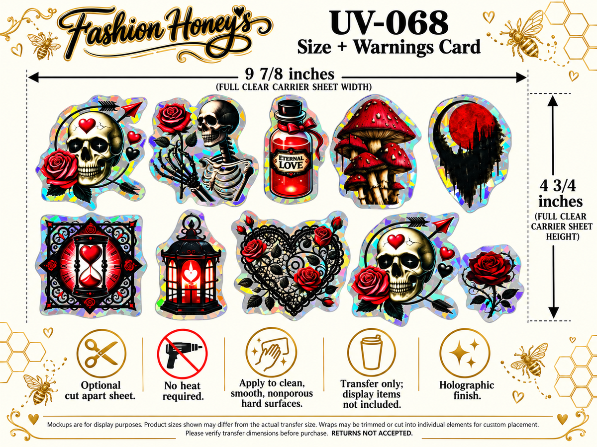 Gothic Eternal Love Holographic UV DTF transfer size and application information; transfer only, display items not included