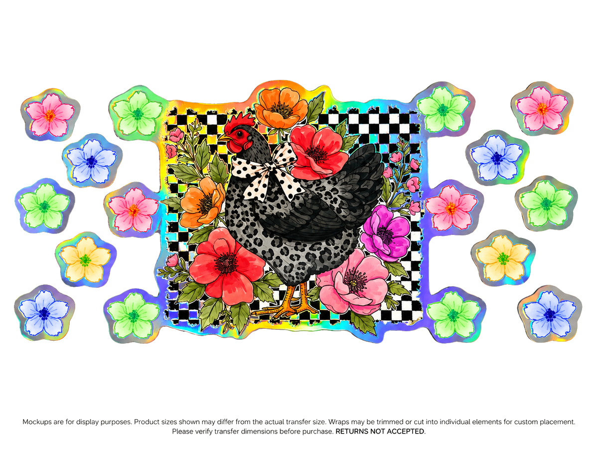 Floral Hen Checkerboard Holographic UV DTF Cup Wrap Transfer — Optional Cut-Apart Sheet; transfer only, display products not included