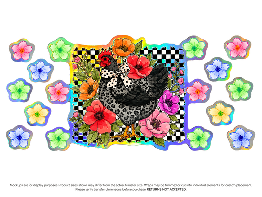 Floral Hen Checkerboard Holographic UV DTF Cup Wrap Transfer — Optional Cut-Apart Sheet; transfer only, display products not included