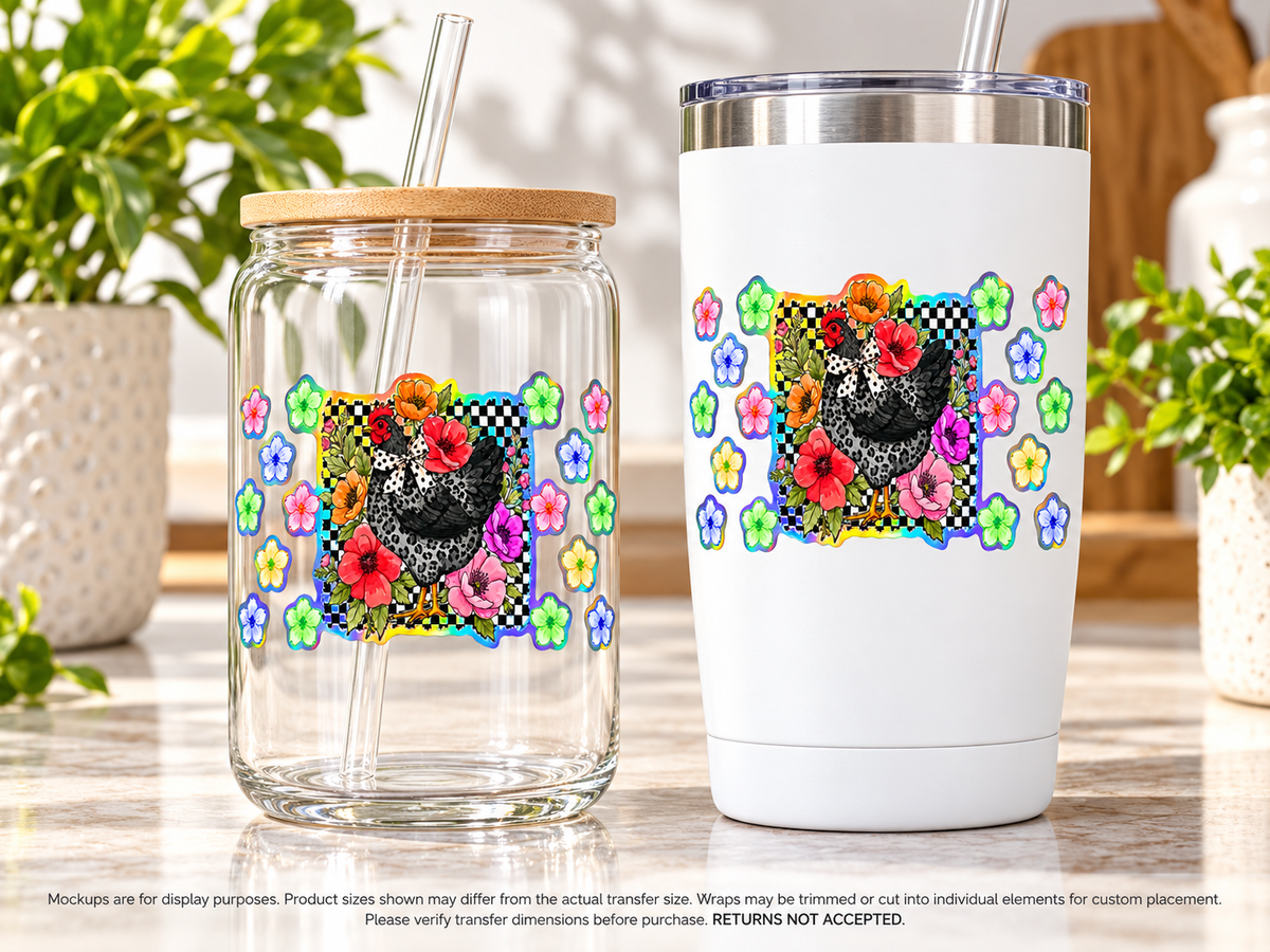 Floral Hen Checkerboard Holographic UV DTF transfer display mockup; transfer only, display items not included