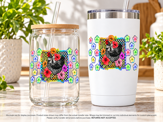 Floral Hen Checkerboard Holographic UV DTF transfer display mockup; transfer only, display items not included