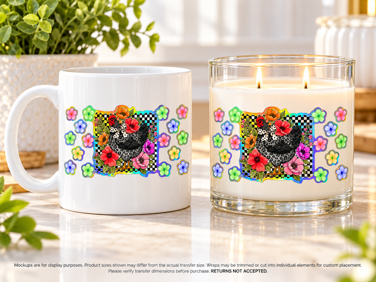 Floral Hen Checkerboard Holographic UV DTF transfer display mockup; transfer only, display items not included