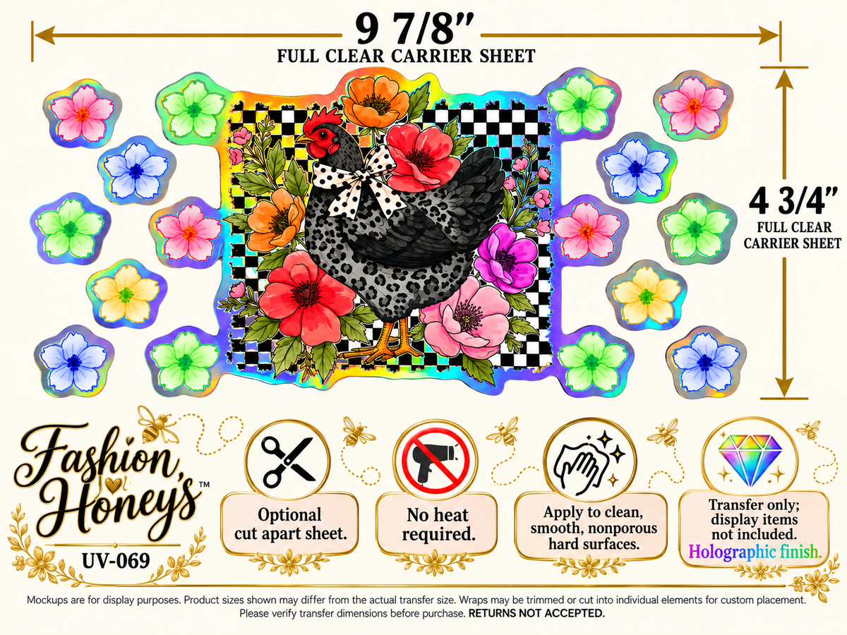 Floral Hen Checkerboard Holographic UV DTF transfer size and application information; transfer only, display items not included