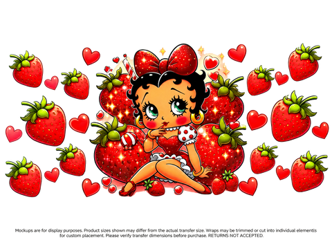 Betty Boop Strawberry Pinup UV DTF Cup Wrap Transfer — Optional Cut-Apart Sheet