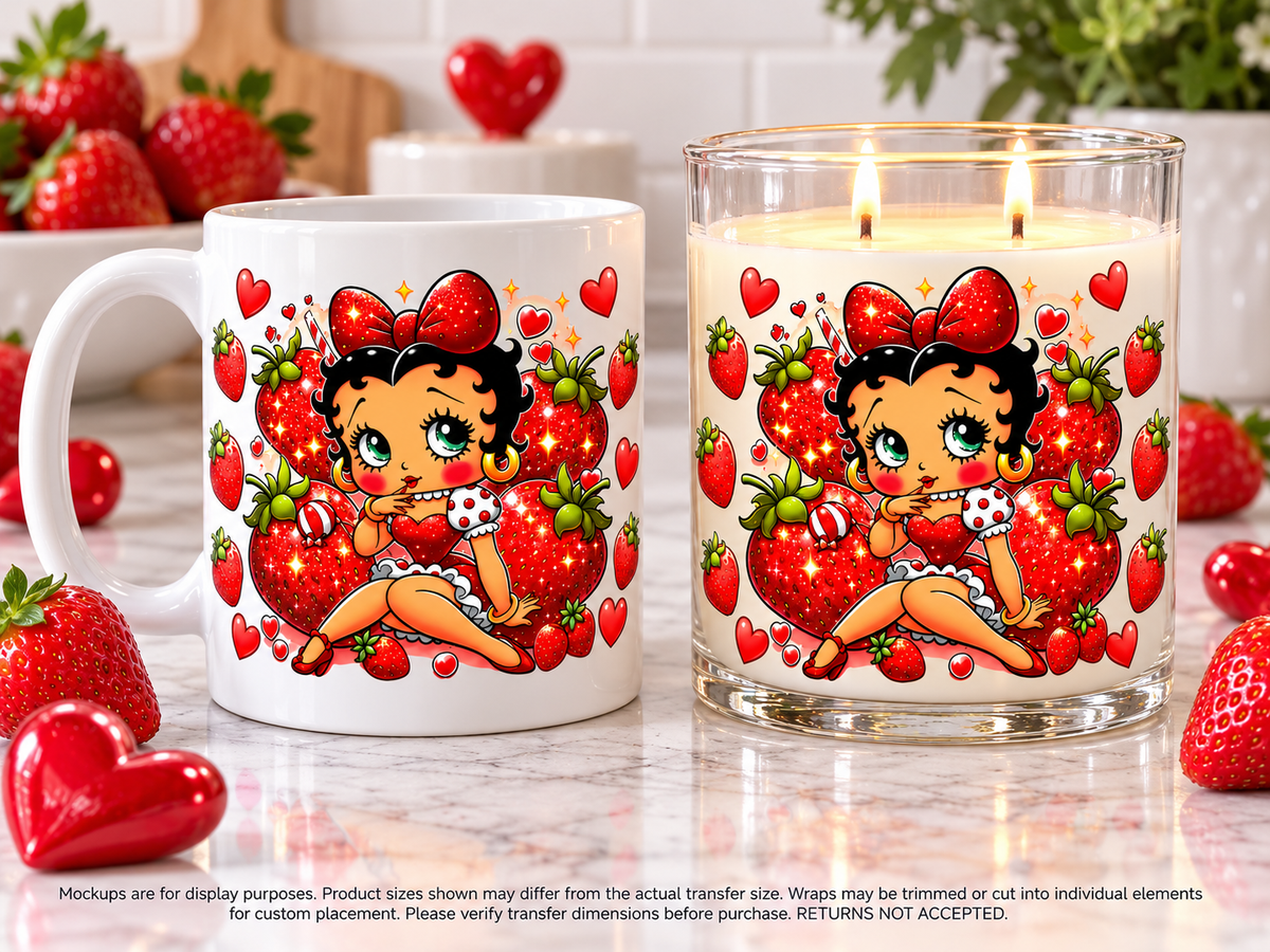 Betty Boop Strawberry Pinup; drinkware display mockup; transfer only, display items not included
