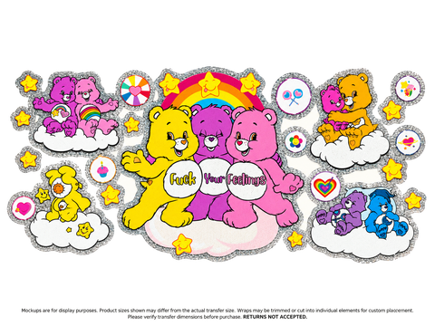 Fuck Your Feelings Rainbow Bears Glitter Trim UV DTF Cup Wrap Transfer — Optional Cut-Apart Sheet
