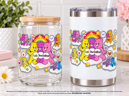 Rainbow Bears; drinkware display mockup; transfer only, display items not included