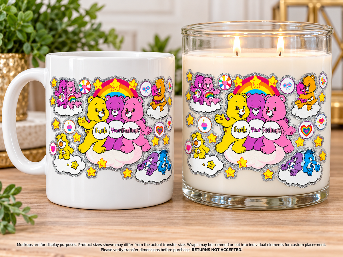 Rainbow Bears; drinkware display mockup; transfer only, display items not included