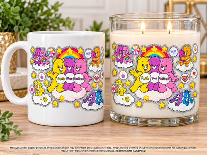 Rainbow Bears; drinkware display mockup; transfer only, display items not included