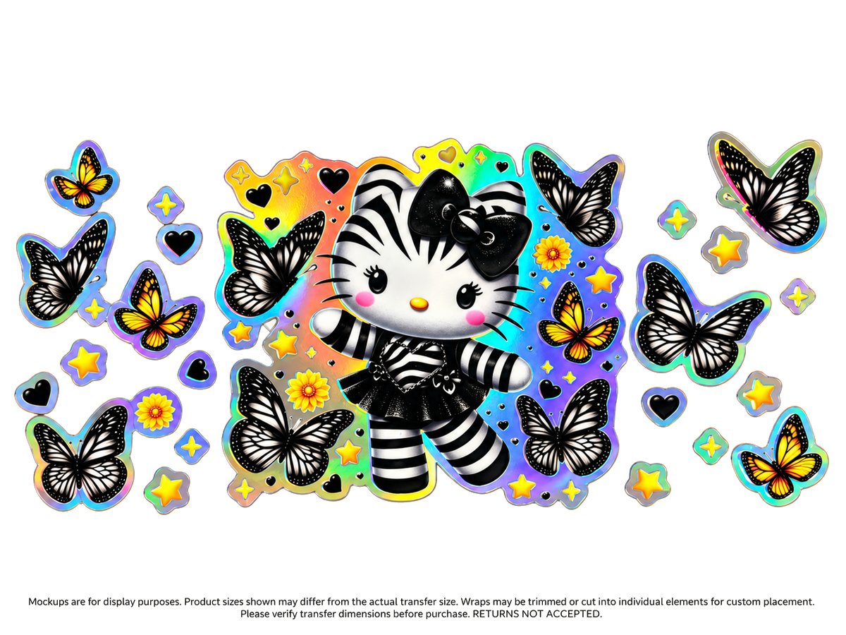 Striped Kitty and Butterflies; flat UV DTF transfer design; transfer only