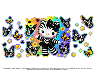 Striped Kitty and Butterflies Holographic UV DTF Cup Wrap Transfer — Optional Cut-Apart Sheet