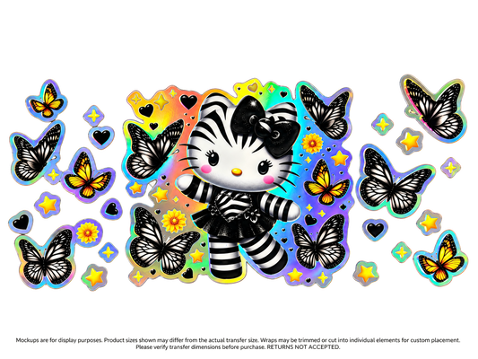 Striped Kitty and Butterflies; flat UV DTF transfer design; transfer only