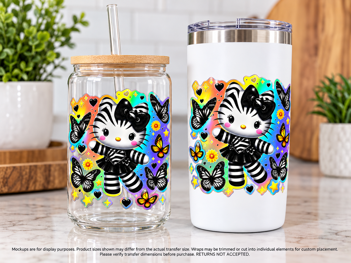 Striped Kitty and Butterflies; drinkware display mockup; transfer only, display items not included