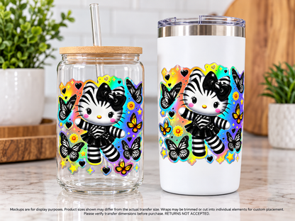 Striped Kitty and Butterflies; drinkware display mockup; transfer only, display items not included