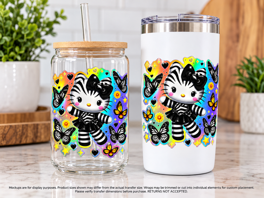 Striped Kitty and Butterflies; drinkware display mockup; transfer only, display items not included