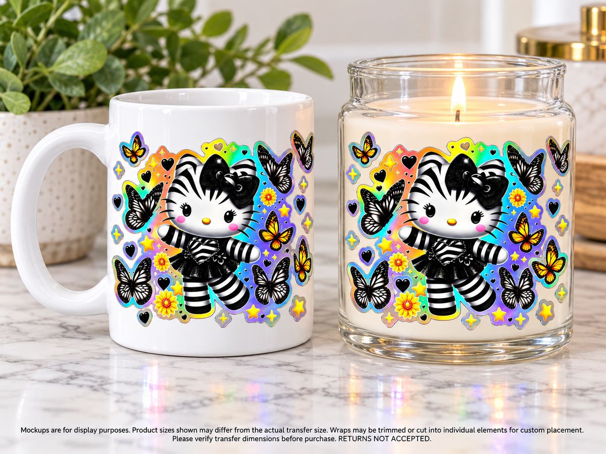 Striped Kitty and Butterflies; drinkware display mockup; transfer only, display items not included