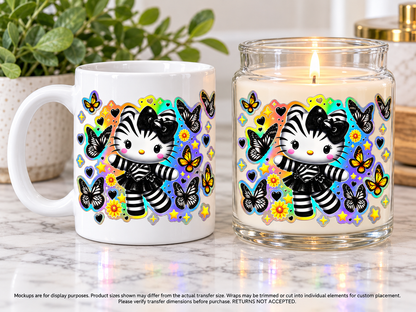 Striped Kitty and Butterflies; drinkware display mockup; transfer only, display items not included