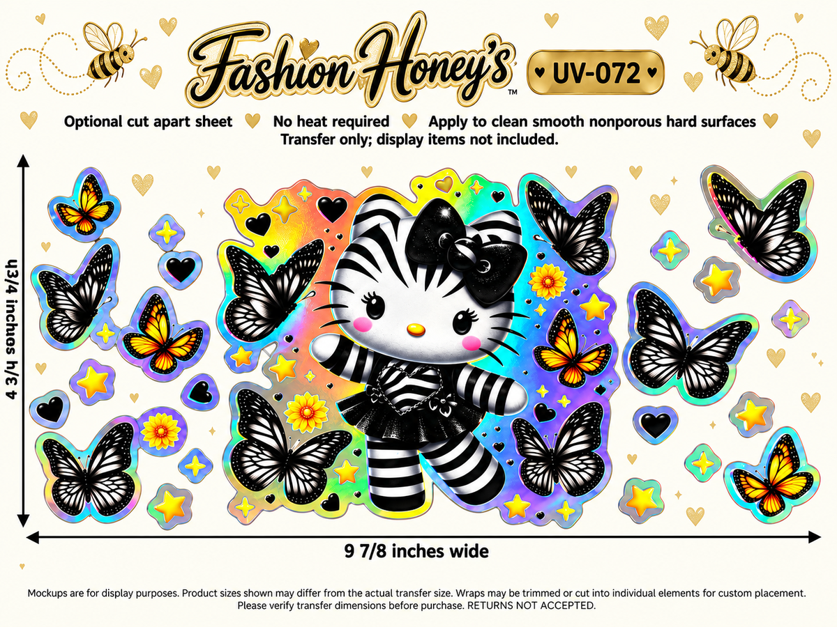 Striped Kitty and Butterflies; transfer size and application information; transfer only