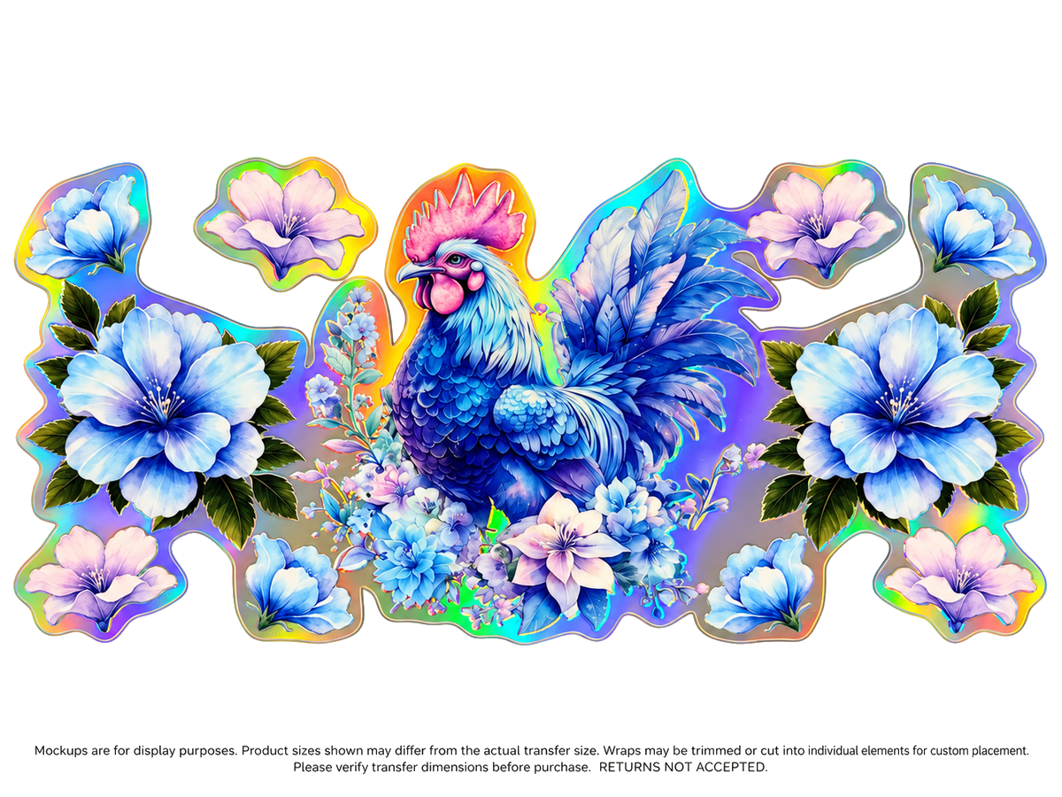 Blue Floral Rooster; flat UV DTF transfer design; transfer only