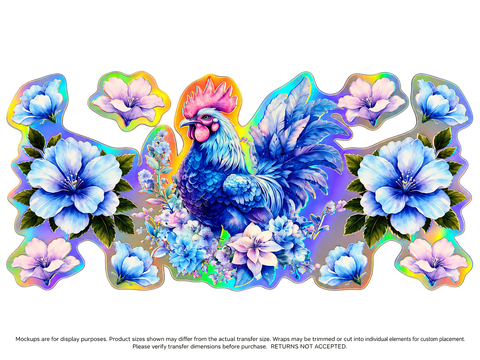 Blue Floral Rooster Holographic UV DTF Cup Wrap Transfer — Optional Cut-Apart Sheet