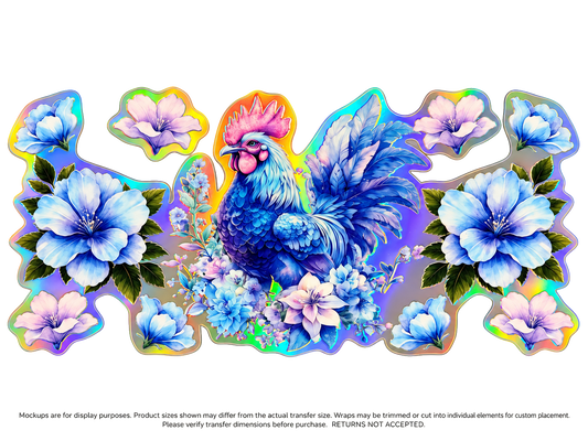 Blue Floral Rooster; flat UV DTF transfer design; transfer only