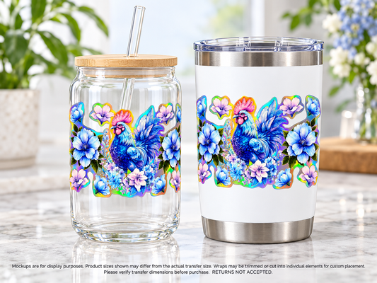 Blue Floral Rooster; drinkware display mockup; transfer only, display items not included