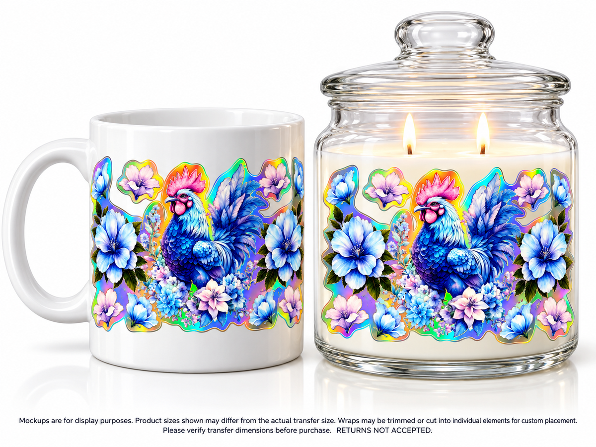 Blue Floral Rooster; drinkware display mockup; transfer only, display items not included