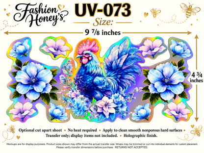 Blue Floral Rooster; transfer size and application information; transfer only