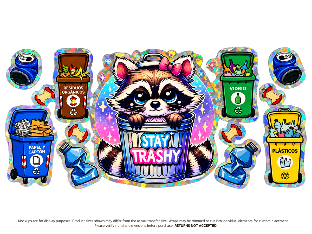 Stay Trashy Raccoon; flat UV DTF transfer design; transfer only