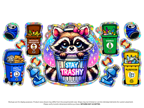 Stay Trashy Raccoon Holographic UV DTF Cup Wrap Transfer — Optional Cut-Apart Sheet