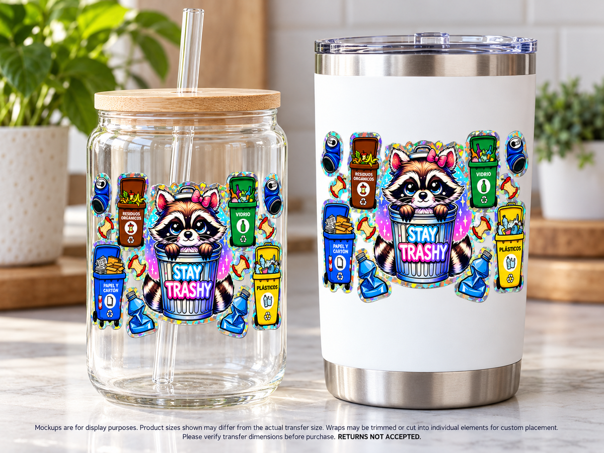 Stay Trashy Raccoon; drinkware display mockup; transfer only, display items not included