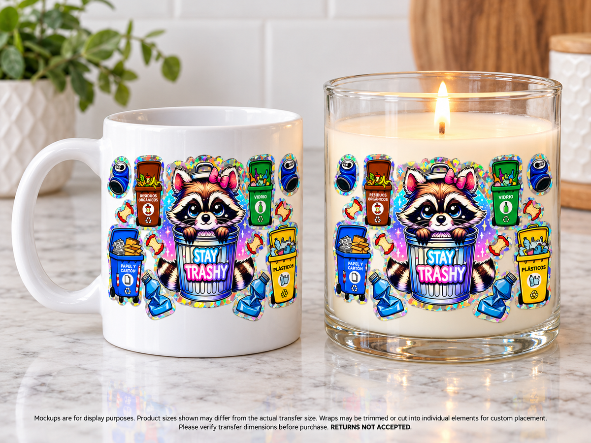 Stay Trashy Raccoon; drinkware display mockup; transfer only, display items not included