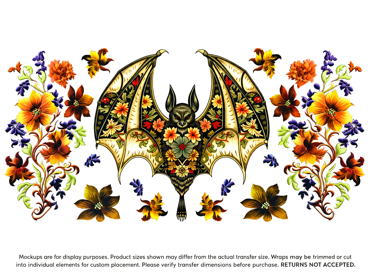 Floral Bat; flat UV DTF transfer design; transfer only